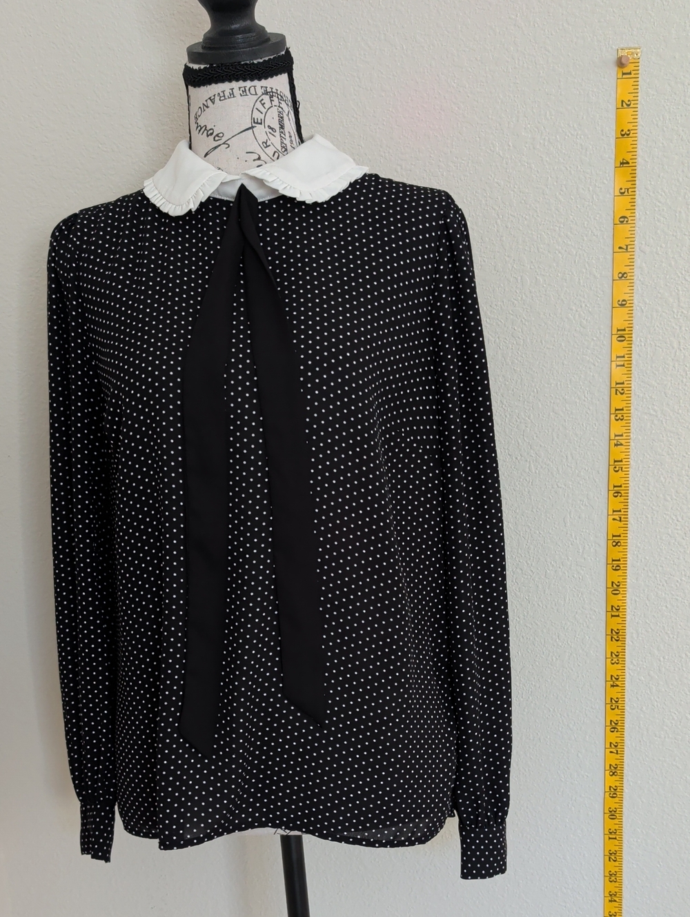 CeCe Black Polka Dot Tie-Neck Blouse with White Peter Pan Collar